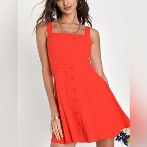NWT Lulus Sunny Personality Red Orange Button-Up Mini Dress With Pockets  - M